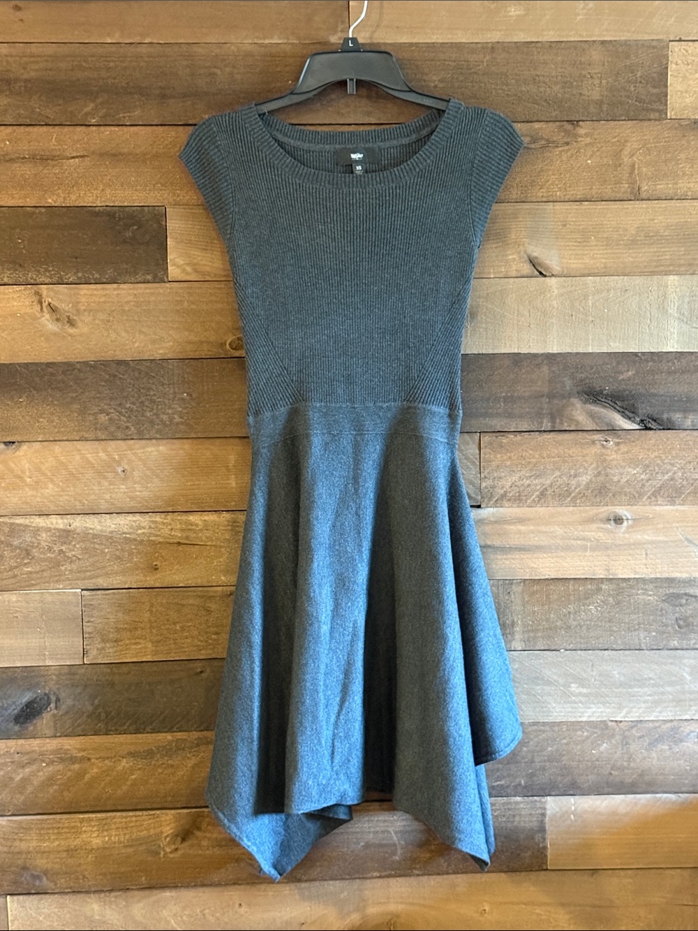 Women's Fitted Gray Knit Sweater Dress with handkerchief hem
